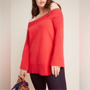 Anthropologie Red Off Shoulder Boatneck Long Line Sweater 2X $120